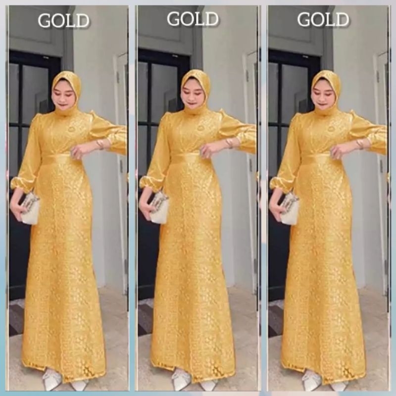 BAJU DRESS GAMIS SATIN BROKAT BRUKAT WANITA MUSLIM UMROH PREMIUM UKURAN S M L XL XXL XXXL 3XL JUMBO 