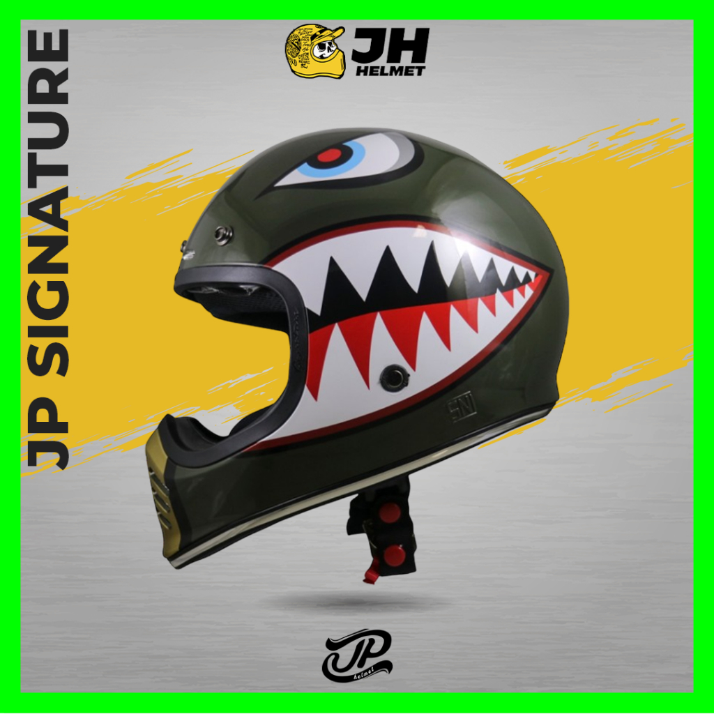 Helm JP Signature Motif SG07 Sky Guard Green Army Glossy | Helm Cakil | Helm Retro | Helm Full Face 