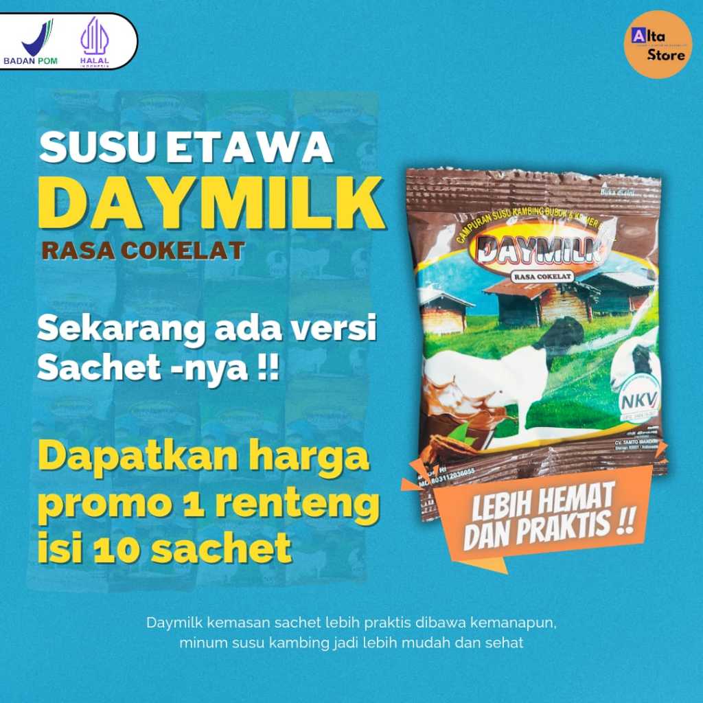 

Daymilk Sachet Rasa Coklat, Susu Kambing Etawa Murni Untuk Kesehatan, Atasi Masalah Persendian dan Pernafasan, 200gr, Halal Bpom - Palangkaraya