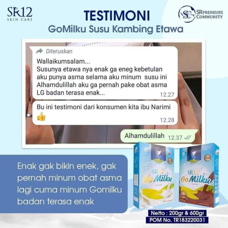 

SR12 GO MILKU|SUSU KAMBING ETAWA|BPOM|TDK BKIN ENEG|MEMPERLANCAR ASI