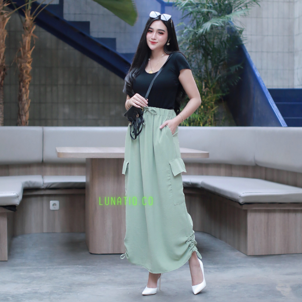 ROK SERUT SAMPING KANTONG CARGO | ROK CRINGKLE | ROK SPAN WANITA PANJANG