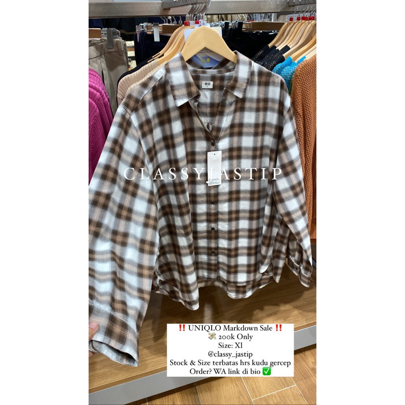 UNIQLO Kemeja Flannel Wanita Brown V Neck