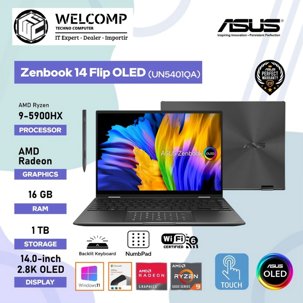Laptop Asus Zeenbook 14 Flip OLED UN5401QA Ryzen 9-5900HX/16GB/1TB/14" THC Bergaransi Resmi