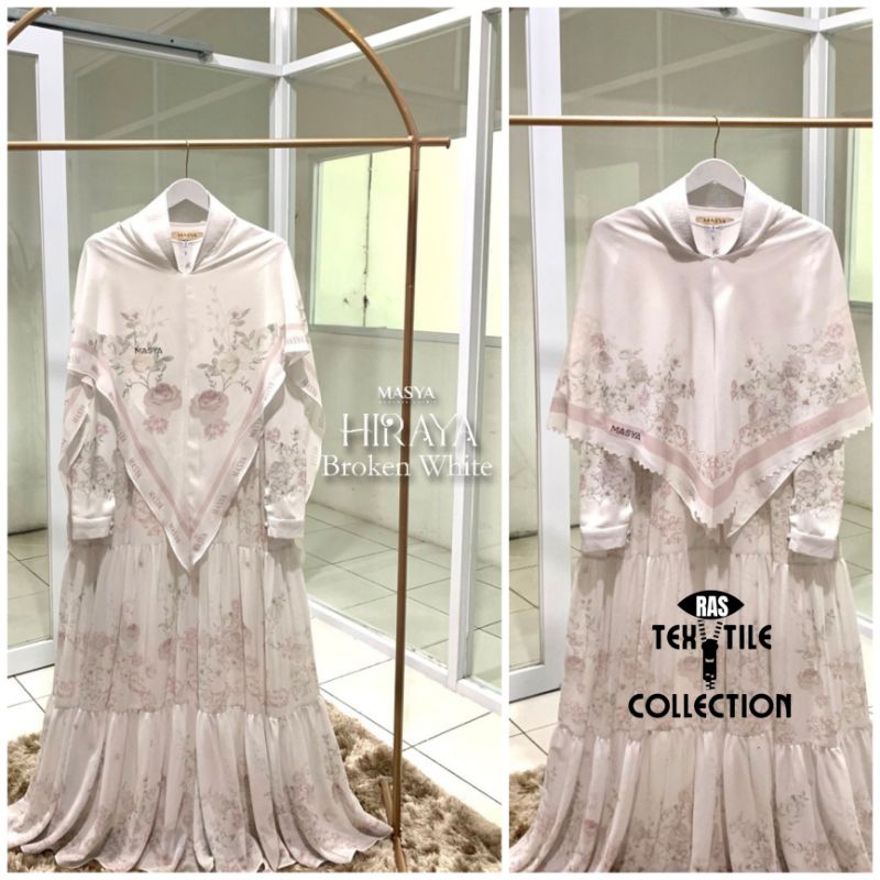 Set Gamis Dress Ceruty Silk Printing Premium Syari Putih Broken White Mewah Masya Syari Original Ter