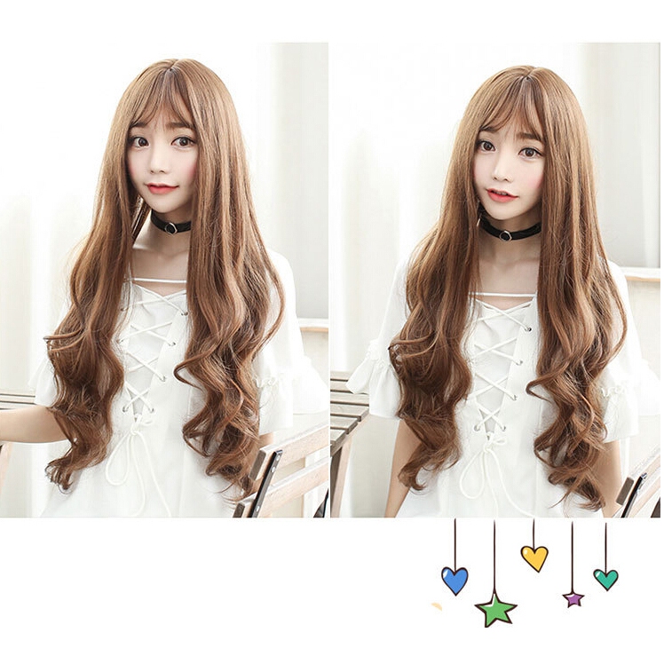 Wig Rambut 65cm Hitam Coklat Gold Hair Palsu Panjang Berponi Korean Seperti Asli Sungguhan Full Color Lace Natural