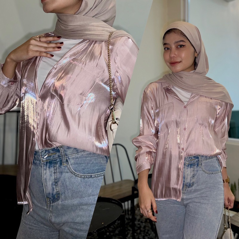 AURORA SHIMMER SHIRT / Korean Long Sleeve E.58 / Kemeja Wanita Glossy / Toodo — SHIMMER TOP | Reflec