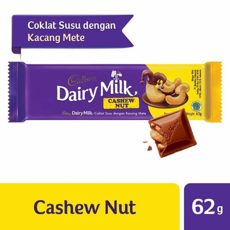 

Cadbury Coklat Cokelat Dairy Milk Cashew Nut Reguler 62g / 62 g / 62gr / 62 gr / 62gram / 62 gram