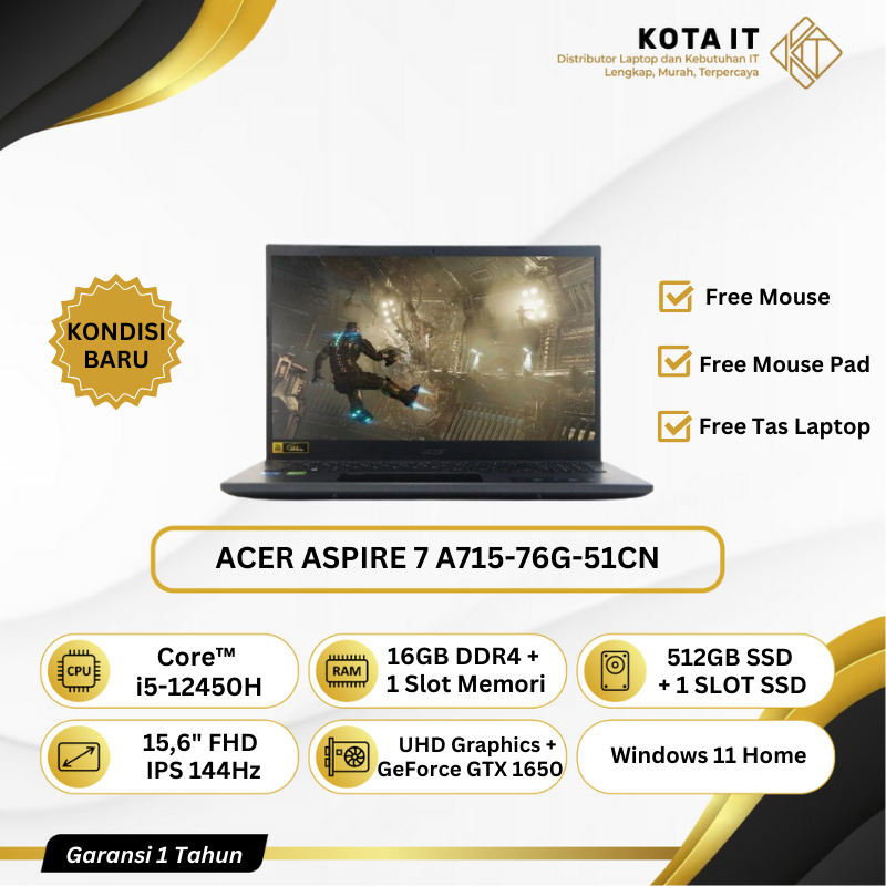 LAPTOP Gaming Acer Aspire 7 A715 - 76G - 51CN Core I5-12450H RAM 16GB SSD 512GB GTX 1650 15.6" FHD IPS Windows 11