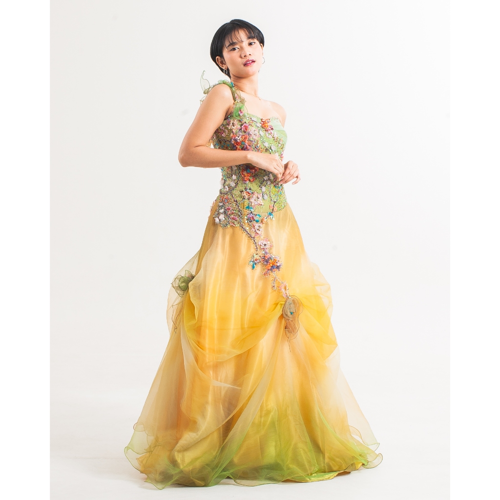 Gaun Pesta dress wanita pesta kuning bunga korea princess