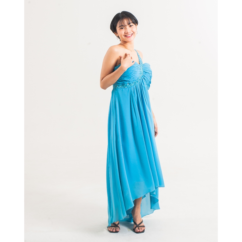 dress wanita pesta biru laut gaun kondangan elegan