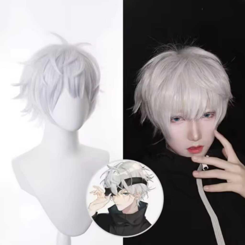 Wig Gojo Satoru Anime Jujutsu Kaisen Wig Cosplay Warna Putih Wig Pria Rambut Pendek Warna Putih