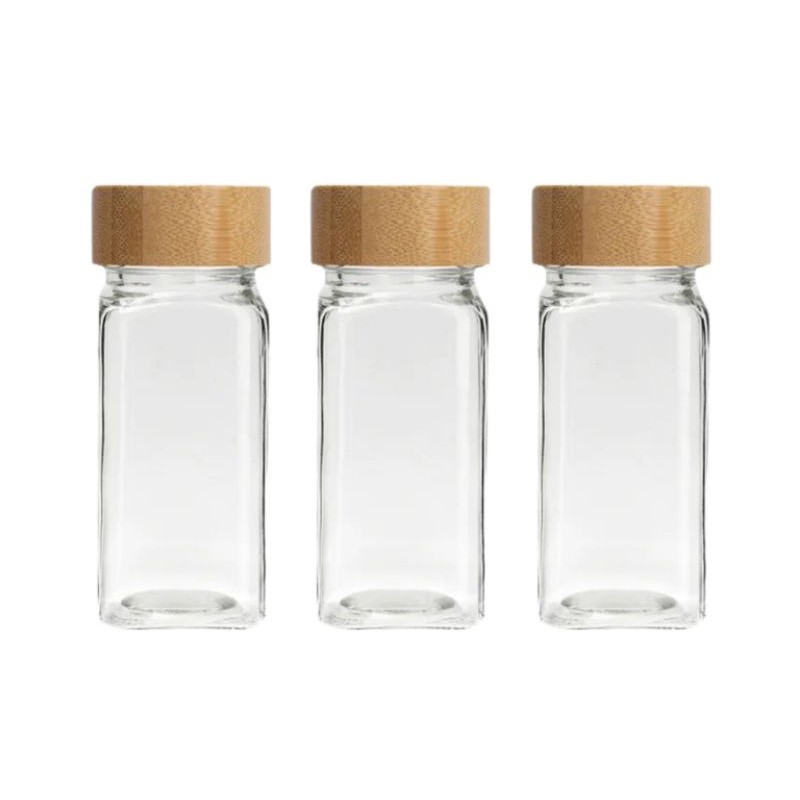BOTOL KACA BUMBU 120ML / TEMPAT BUMBU BUBUK TRANSPARAN TUTUP BAMBU ESTETIK