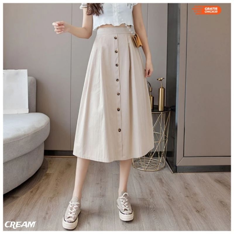 TCB -Rok panjang katun tebal CREAM 7/8 pjg 80cm long skirt strech rok korea kekinian rok kancing dep