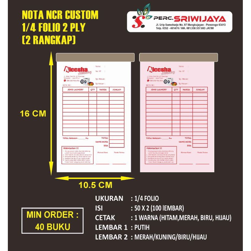 

NOTA NCR CUSTOM 1/4 FOLIO 2 PLY isi 100 lembar (carbonless)
