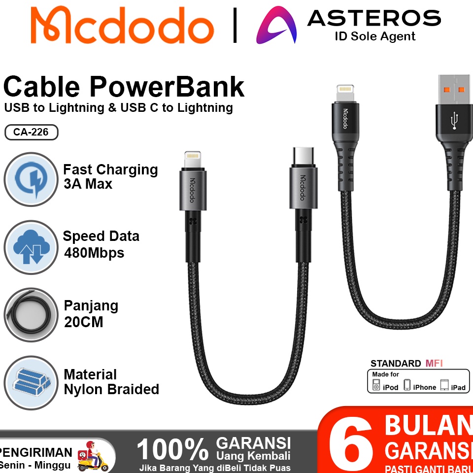 Sudah READY.. MCDODO Kabel Pendek Power Bank USB Lightning, Type C to Lightning Fast Charging 20CM