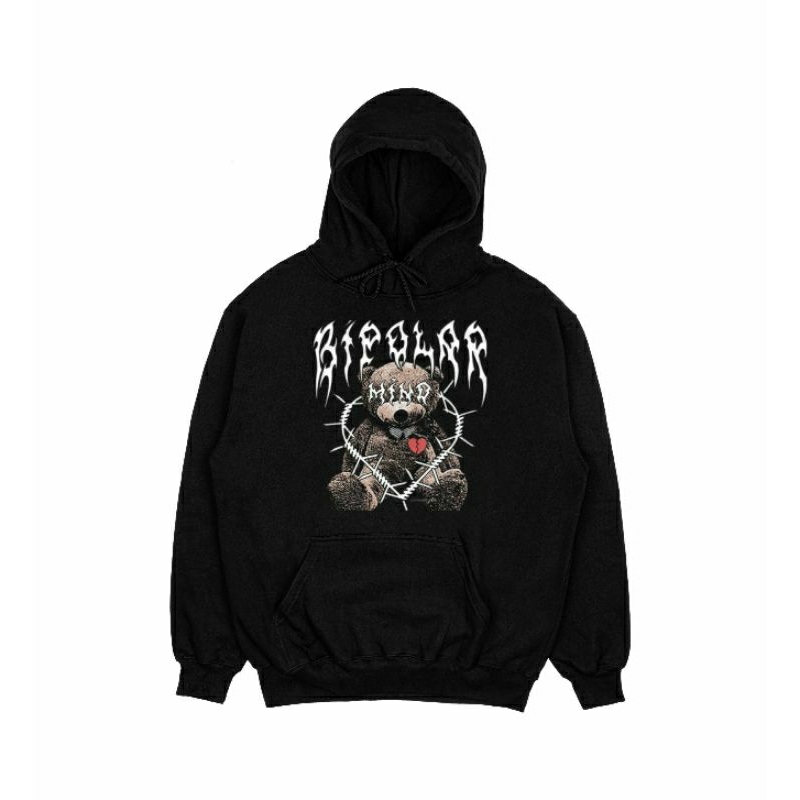 Sweater Hoodie Pria Hitam Distro Bear Bipolar Bahan Fleece Cotton Tebal