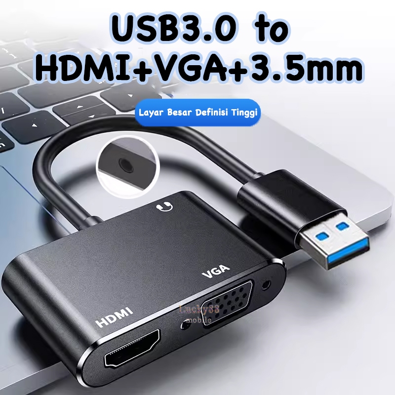 USB 3.0 to HDMI + VGA Adapter + Jack Audio 3.5mm Cable 1080P Video Audio Converter DP dari Laptop Ko
