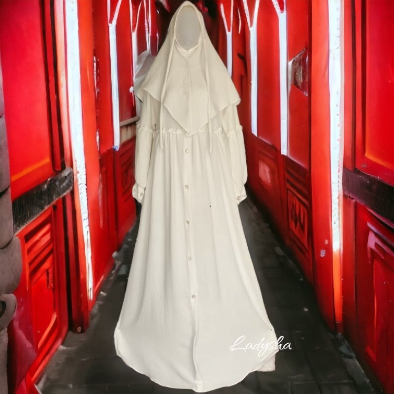 SET GAMIS HIJAB PUTIH TULANG JASMINE SYARI CRINKLE