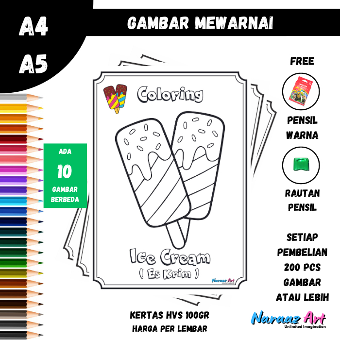 

IC02 Gambar Mewarnai Ice Cream V2 Untuk Anak TK SD PAUD Kertas HVS 100gr Bukan Buku Mewarnai