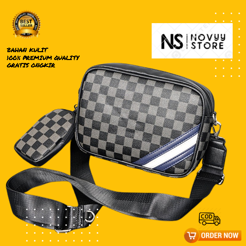 TAS SELEMPANG KOTAK-KOTAK PRIA TAS SAMPING COWOK BAHAN KULIT CLUTH PRIA TAS SAMPING MULTIFUNGSI POUC