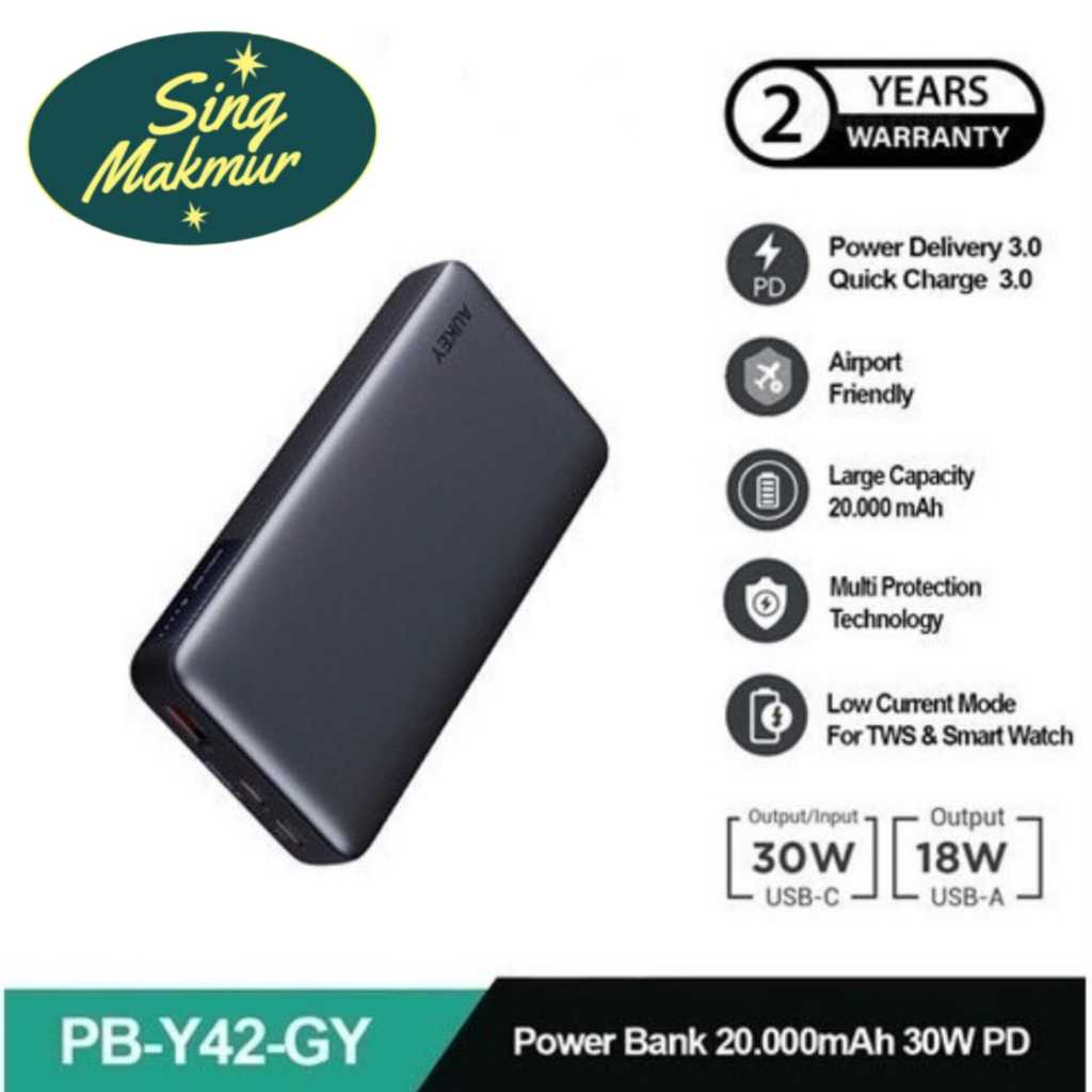 AUKEY Power bank 20000mah PB-Y42-GY USB C 30W PD 3.0 Slim