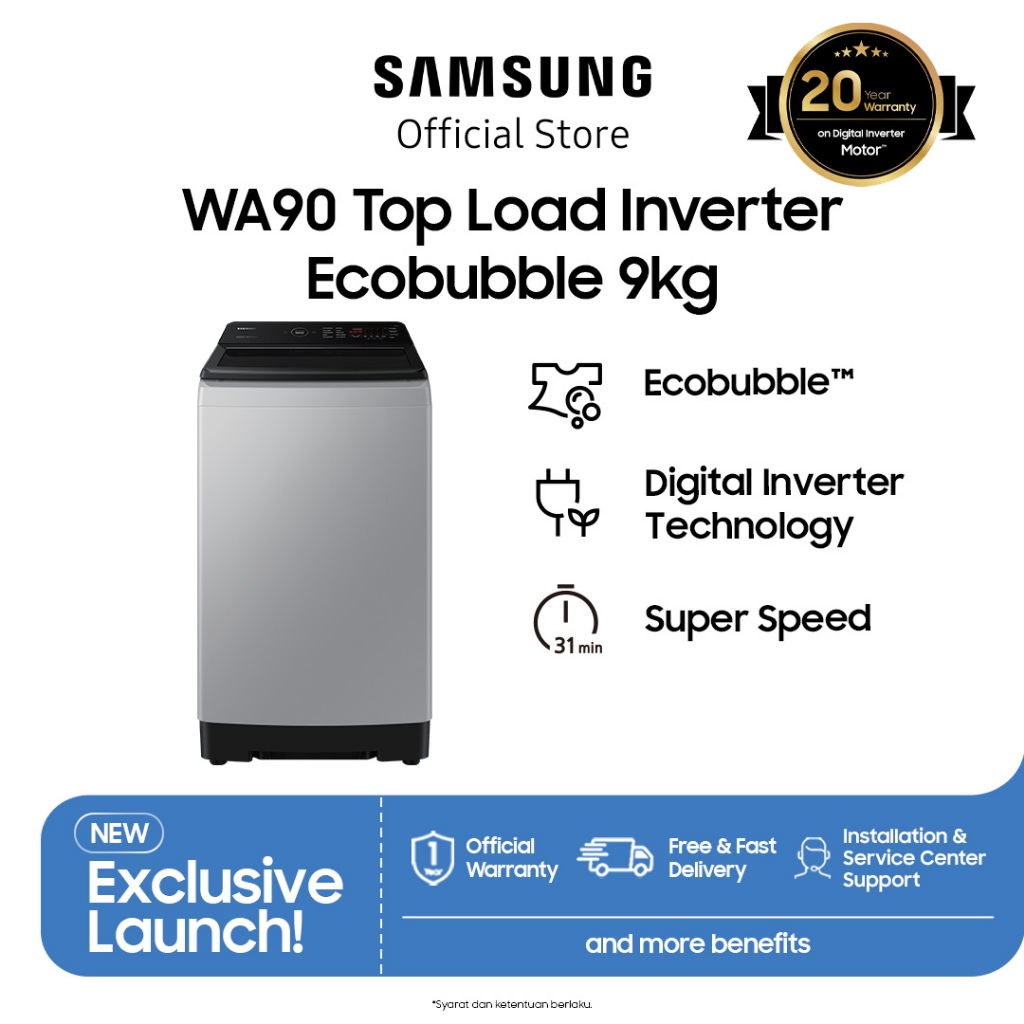 Samsung Mesin Cuci Top Load Inverter Ecobubble 9kg - WA90CG4545BYSE