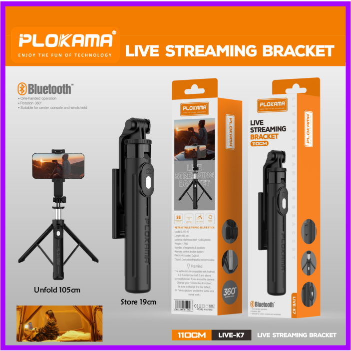 PLOKAMA K7 Tongsis Tripod 3 in 1 105cm 1 meter Selfie Stick Remote Bluetooth Portable Travel Size For Hp Handphone Smartphone