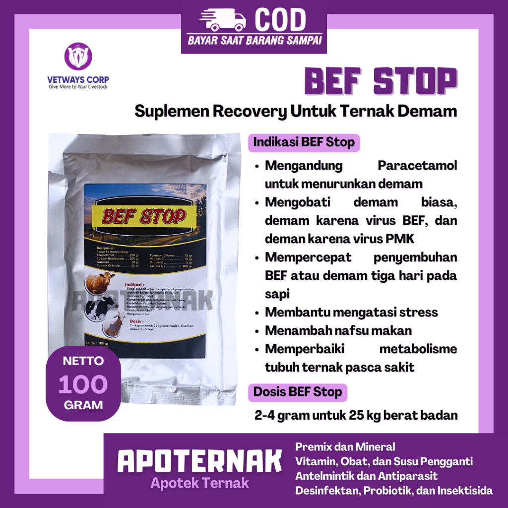 BEF STOP 100 gram - Obat Sapi Ambruk Demam Panas Sapi Kambing Gejala Ngiler dan Ambruk Original
