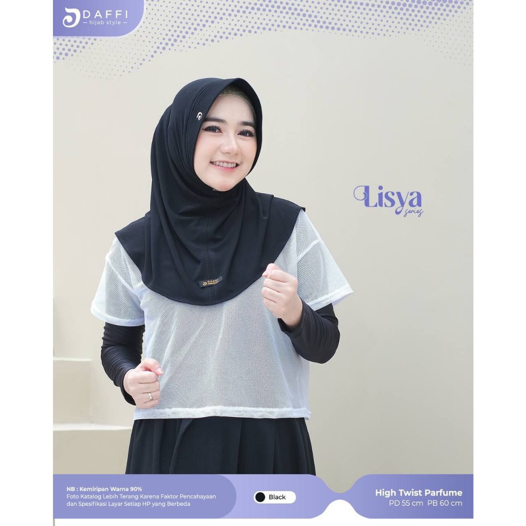 Daffi Sport Lisya Series Bahan High Twist Parfume Cutting Bentuk Oval Depan dan Belakang Yessana Hijab Bergo Ejamas Store