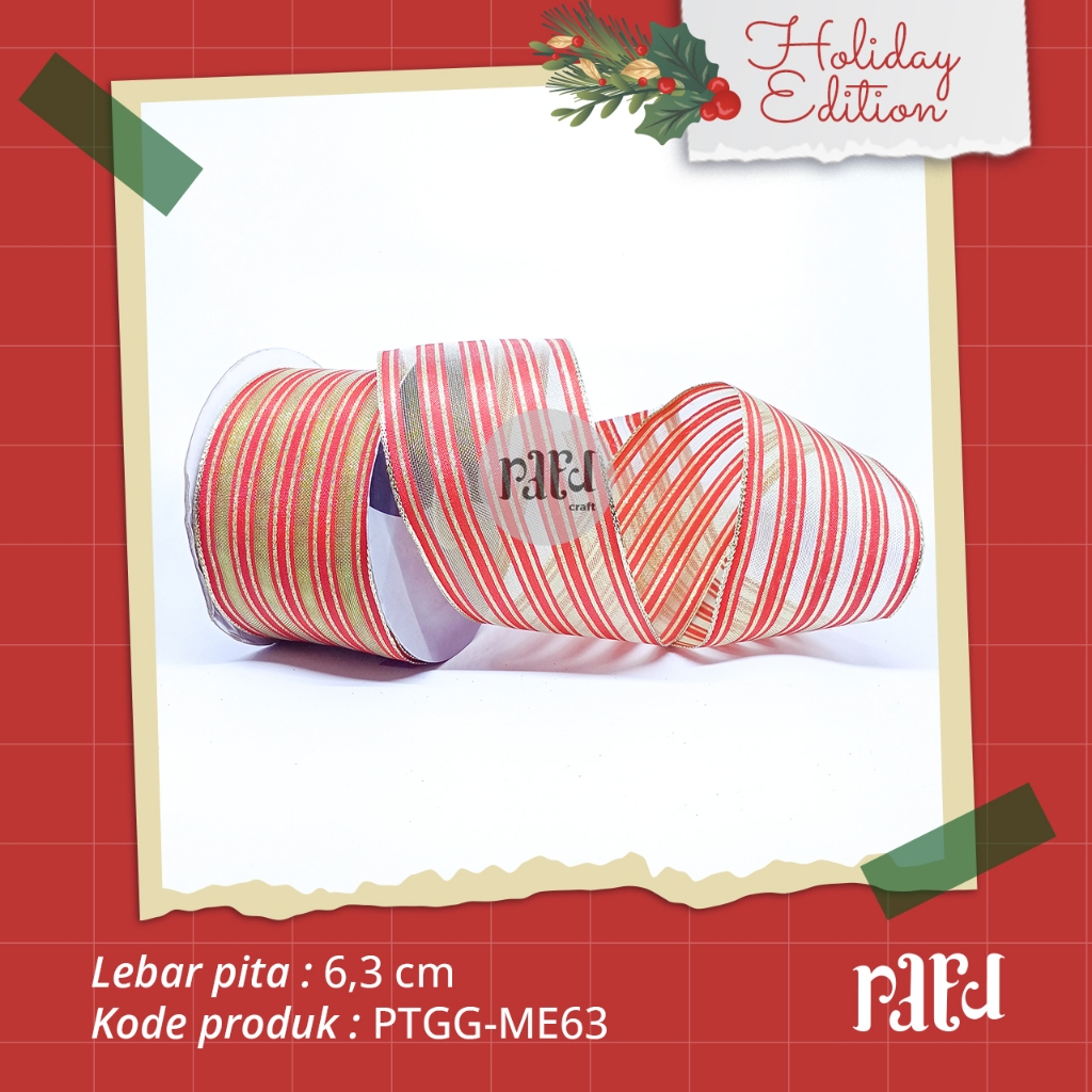 

[RC]-Pita Natal|Pita Transparan Garis-Garis|Pita Kado/Hampers|PER 1 YARD (90cm)|Lebar 6,3 CM|Merah Emas