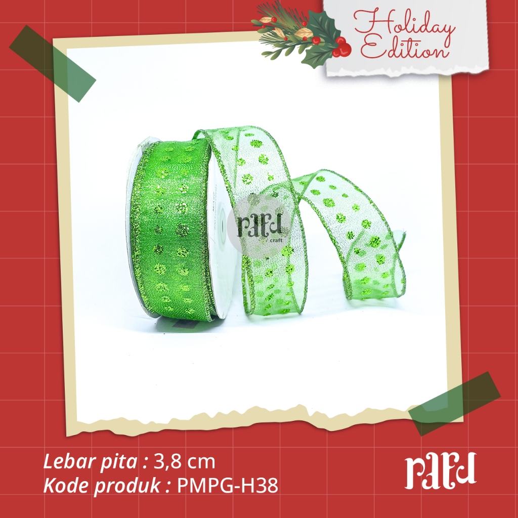 

RC-Pita Natal|Pita Motif Polkadot Glitter|Pita Kado/Hampers|PER 1 YARD (90cm)|Lebar 3,8 CM|Hijau