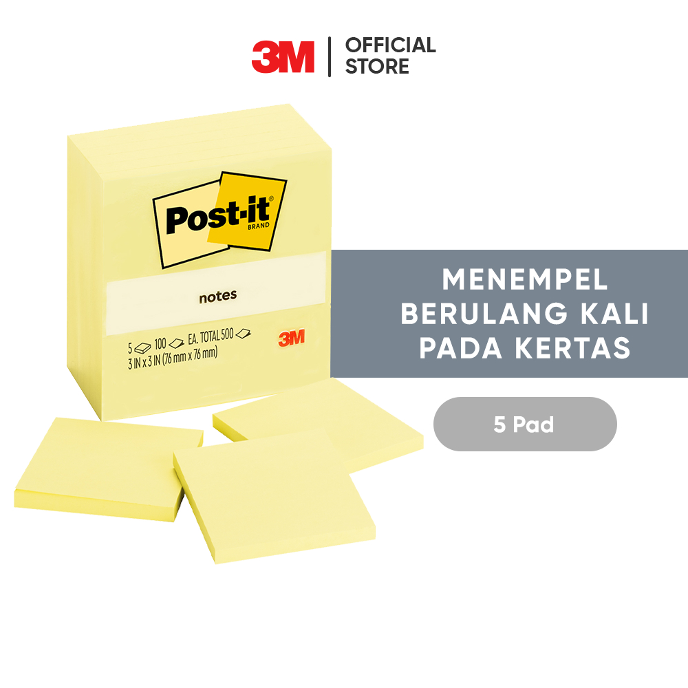 

3M™ Post-it® Notes Canary, Memo Tempel, 654-5 CNR, Menempel berulah kali pada kertas, 5 pad, 76x76 mm, Untuk berbagai permukan kertas