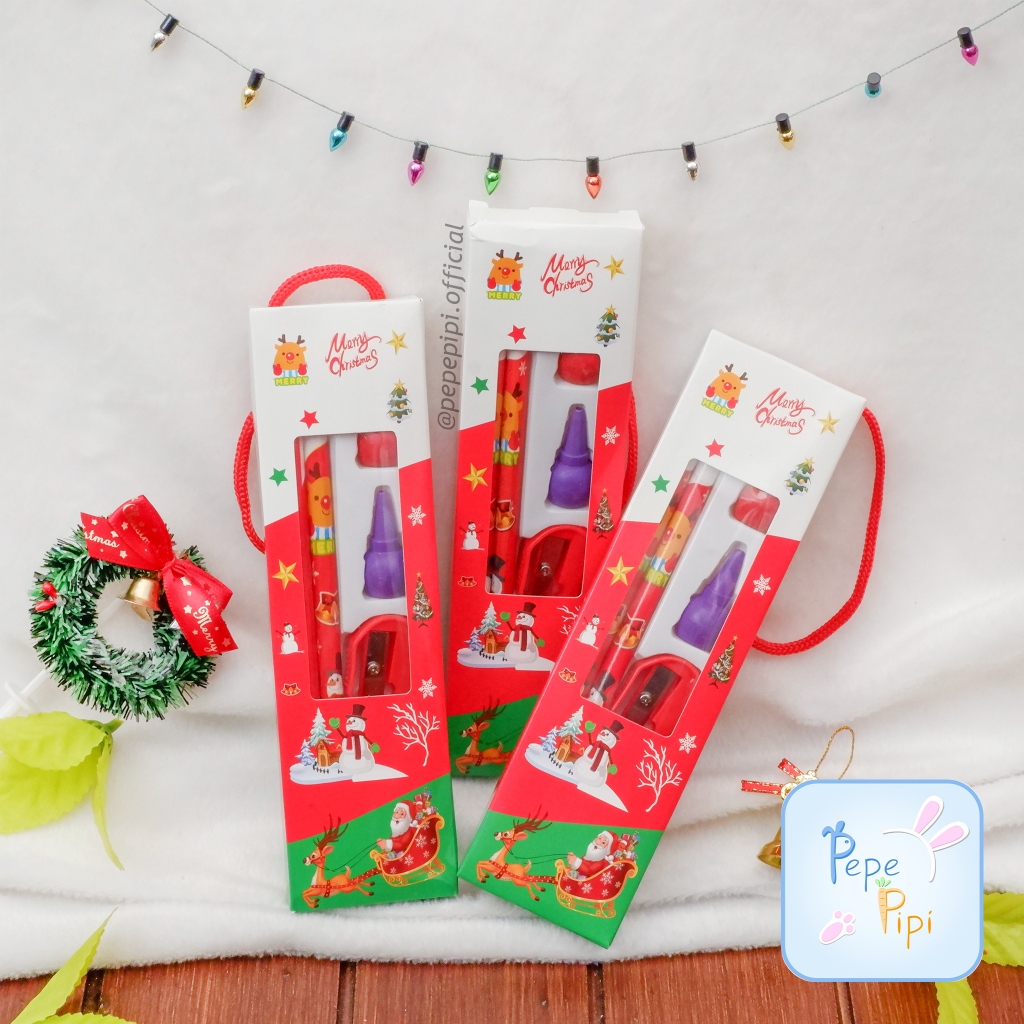 

Set Alat Tulis Ximi Natal Paket Alat Tulis Christmas 2 pensil penghapus rautan cayon
