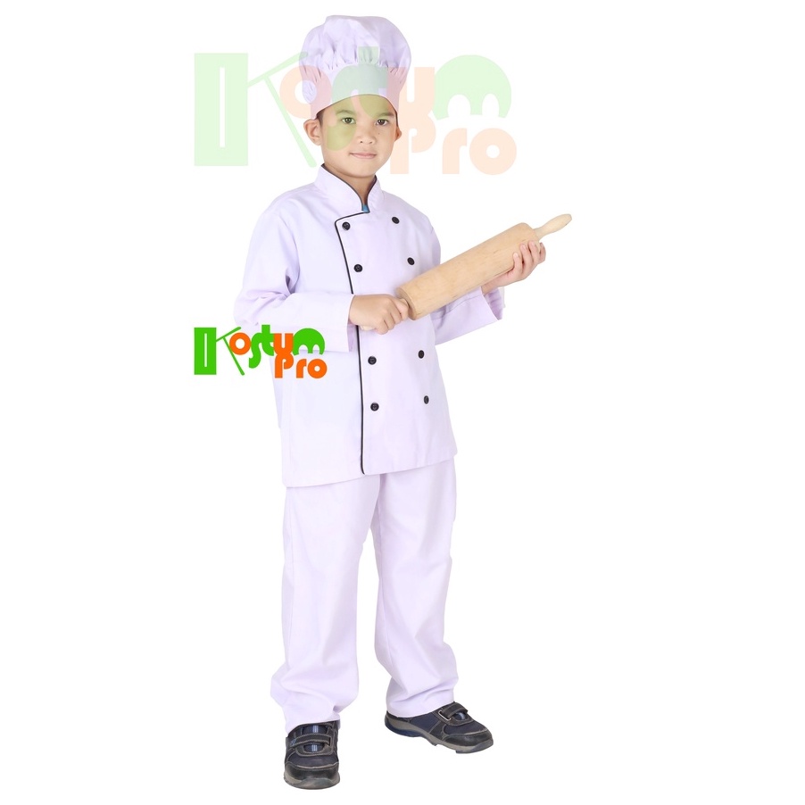 NGSM8951 TEBUS MURAH  KOSTUM KOKI / BAJU KOKI + CELANA + TOPI ANAK UK 3-10 TAHUN TANGAN PANJANG PUTI