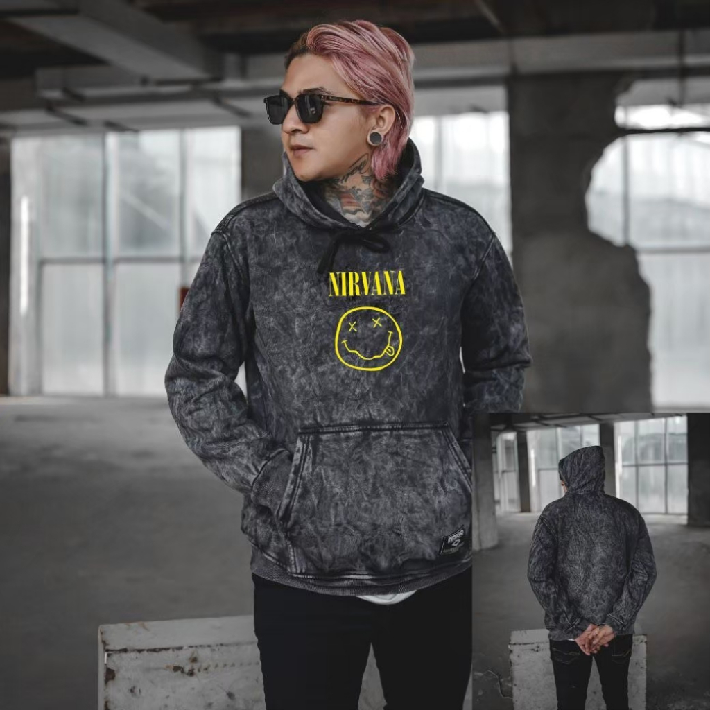 Jaket Pria Hoodie Nirvana Pullover Black Washing Original