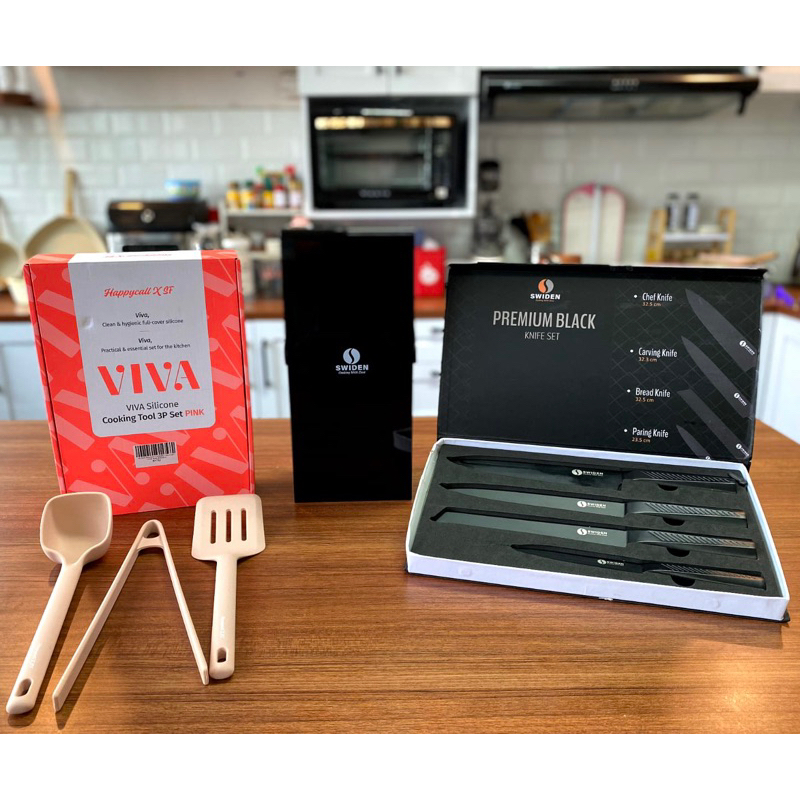 Premium Black Knife Set Pisau holder Spatula Chef Swiden