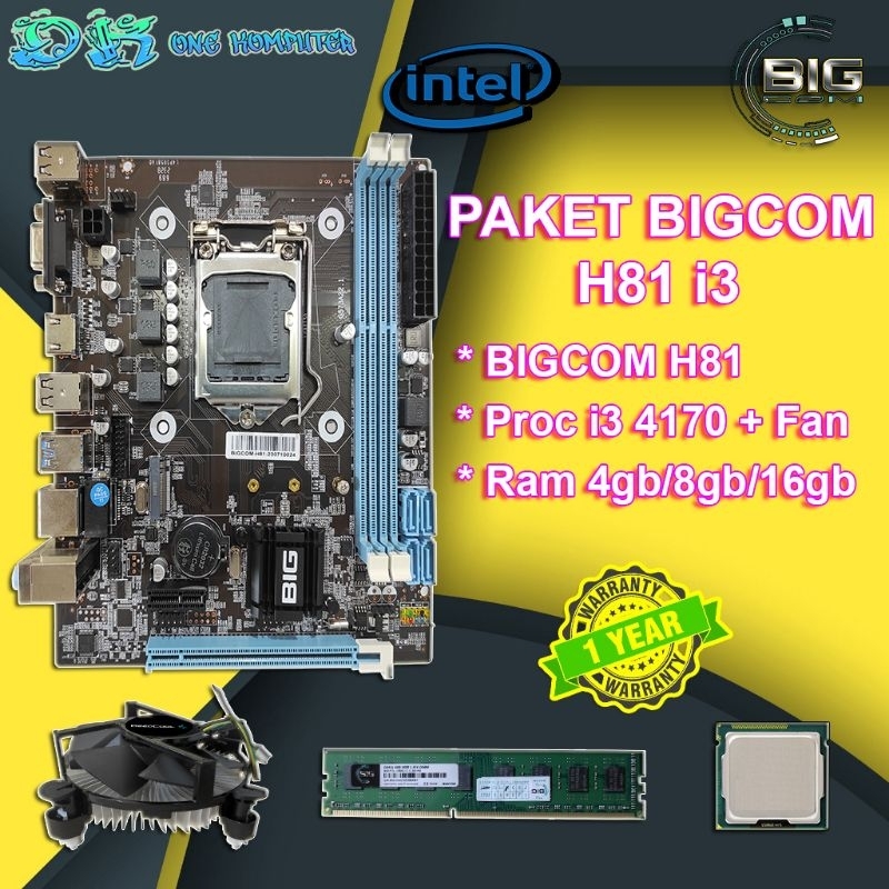 Paket Motherboard H81 BIGCOM Processor Core I3 4170 3.7Ghz Ram 8Gb - 16Gb