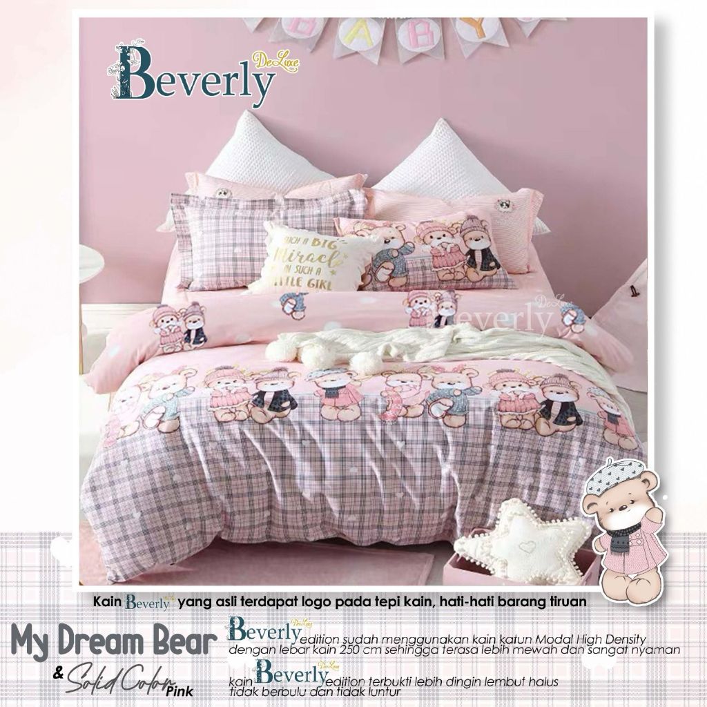 Sprei Katun Lokal Beverly - My Dream Bear Pink - sprei anak cewe motif teddy bear klasik