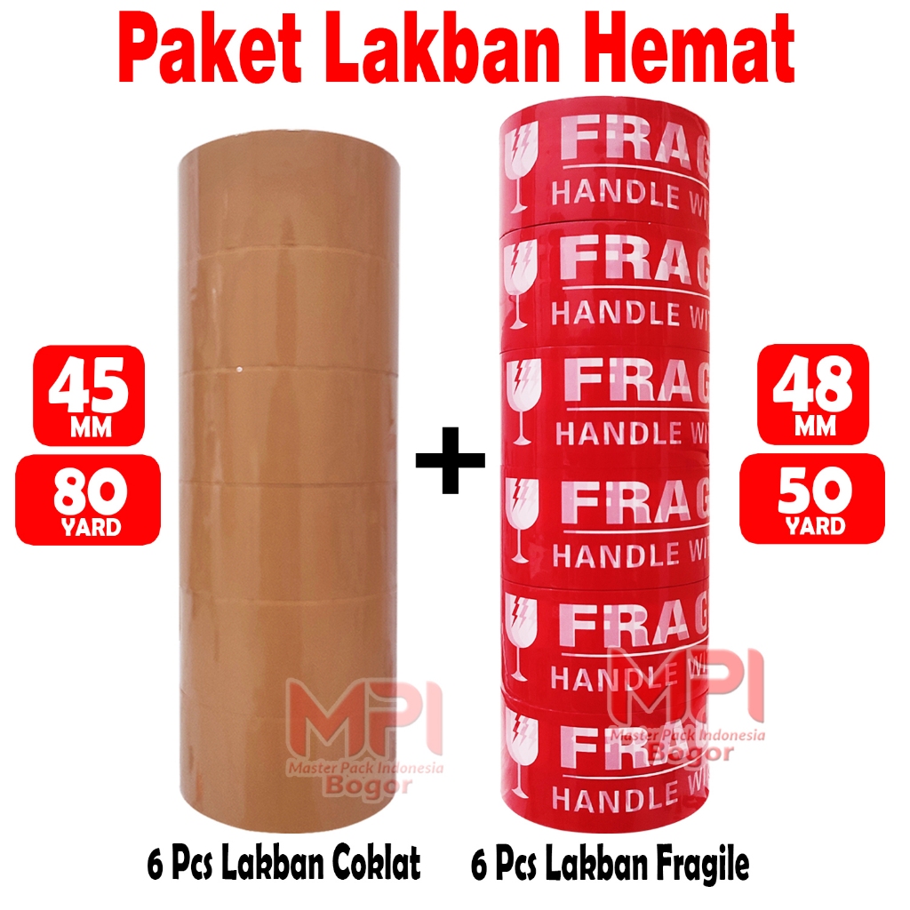 

Paket Lakban Hemat - 6 PCS Lakban Coklat 45 mm x 80 yard + 6 PCS Lakban Fragile 50 yard - Master Pack Indonesia Bogor