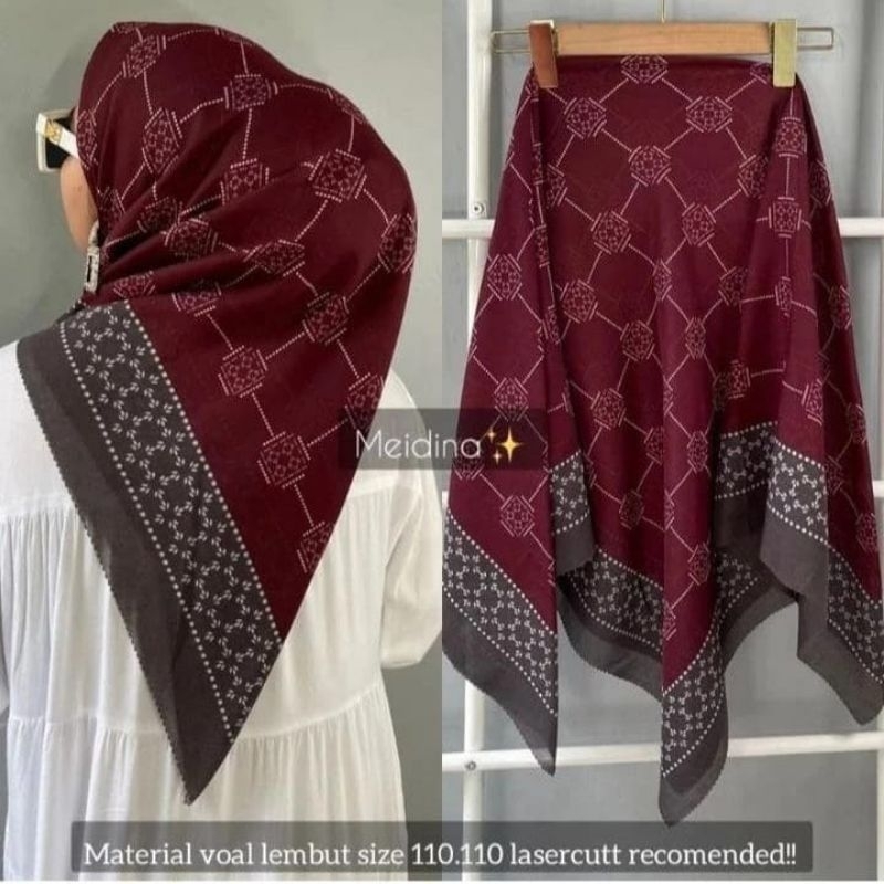 Hijab segi empat  motif | Jilbab segi tiga kerudung Voal motip premium ms luna maroon coklat