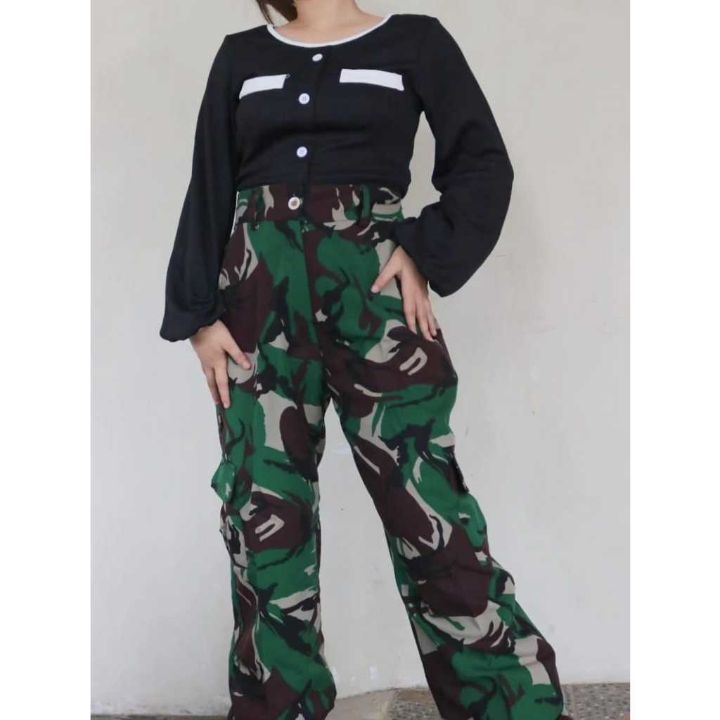 Celana Cargo Wanita Jeedas DM Bahan Kain Katun Motif Army Celana Panjang Wanita Jumbo Long Pants Wan
