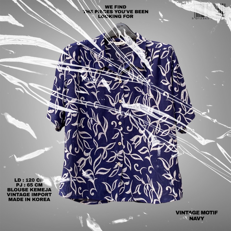 navy kemeja/vintage kemeja/vintage style/top/blouse/oversize/retro/korean style/korean top/pakaian k