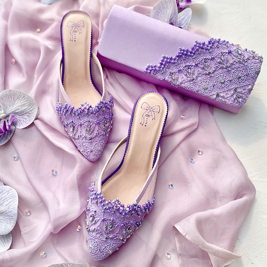 Matching Set Purple Lilac Selop Sandal Sepatu Pesta Wanita Block Heels & Tas Clutch AVEDA 6302 SALE 