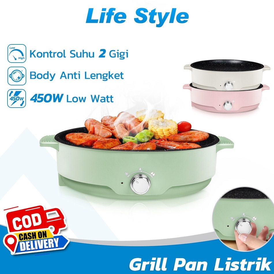 Terbaru.. Grill Pan Panggangan BBQ Panci Listrik 450W Low Watt Kenop Kontrol Suhu 2 Gigi Kekuatan Ap