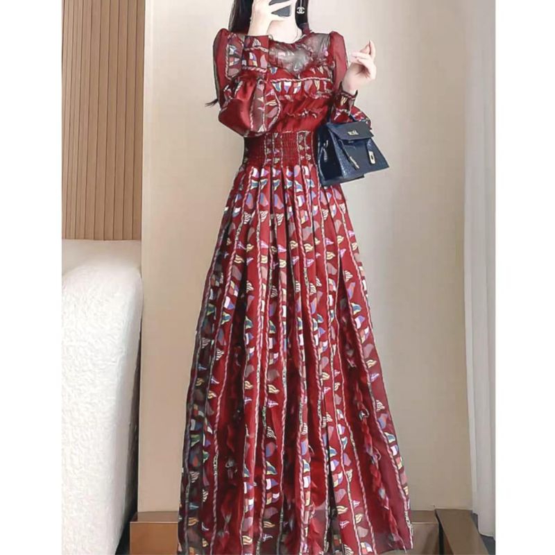 05550 Baju maxidress longdress KYRA MAXI DRESS PREMIUM lengan panjang merah navy dres Korea Korean s