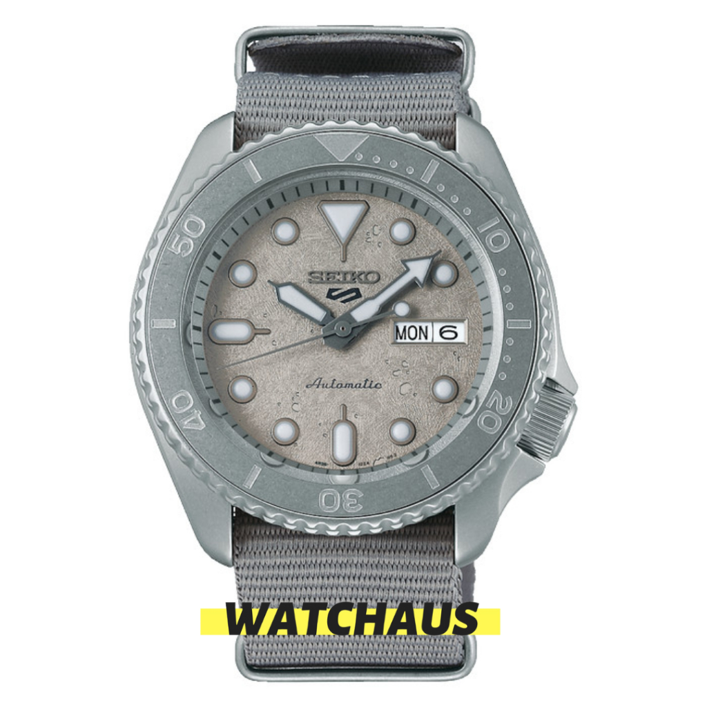 JAM TANGAN PRIA SEIKO SPORT 5 SRPG61K1 CEMENT COLLECTION AUTOMATIC ANALOG GREY NYLON STRAP
