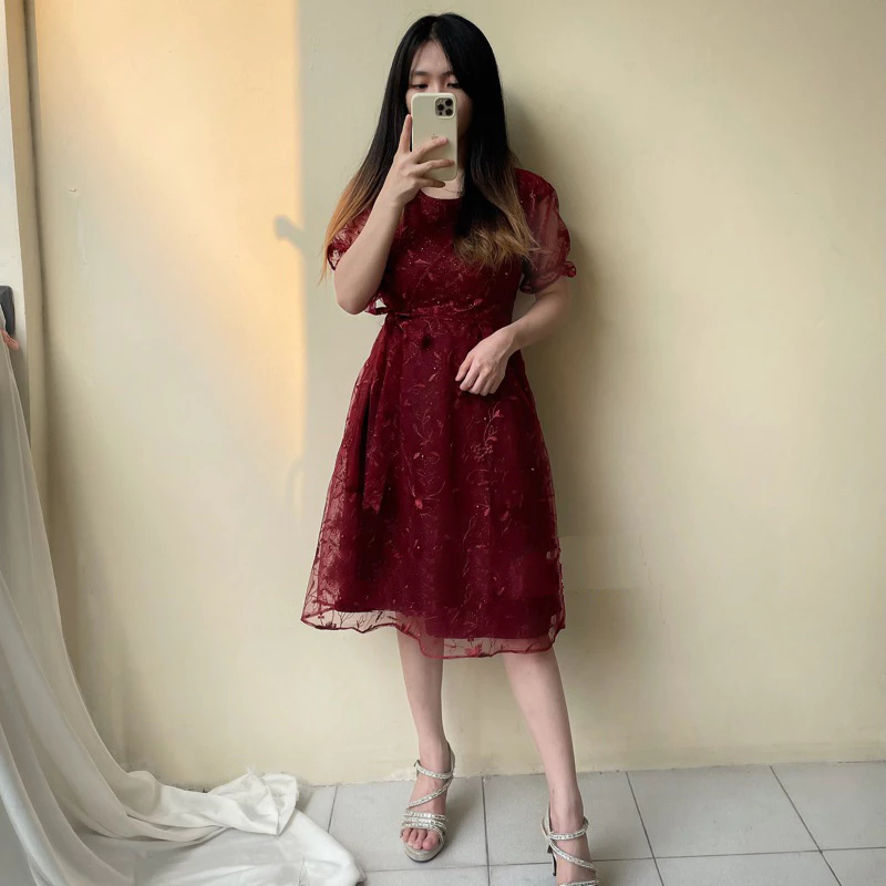 Mini Dress Kondangan Sojin Baju Pesta Wanita Modis Bahan Brokat Tile Bordir Christmas Dress Cantik Z