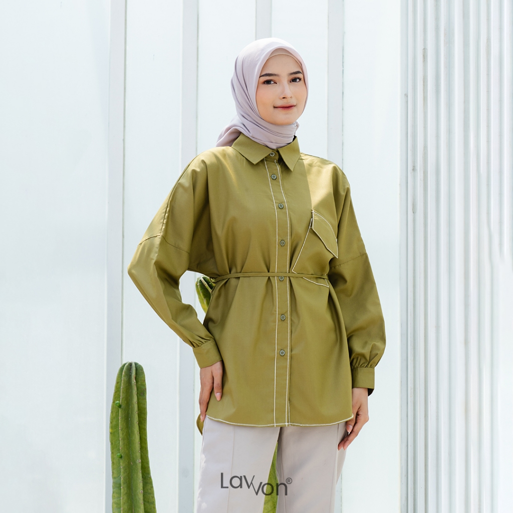 BELLE BLOUSE Olive Kemeja Wanita Casual Simple Kekinian Original By Lavvon