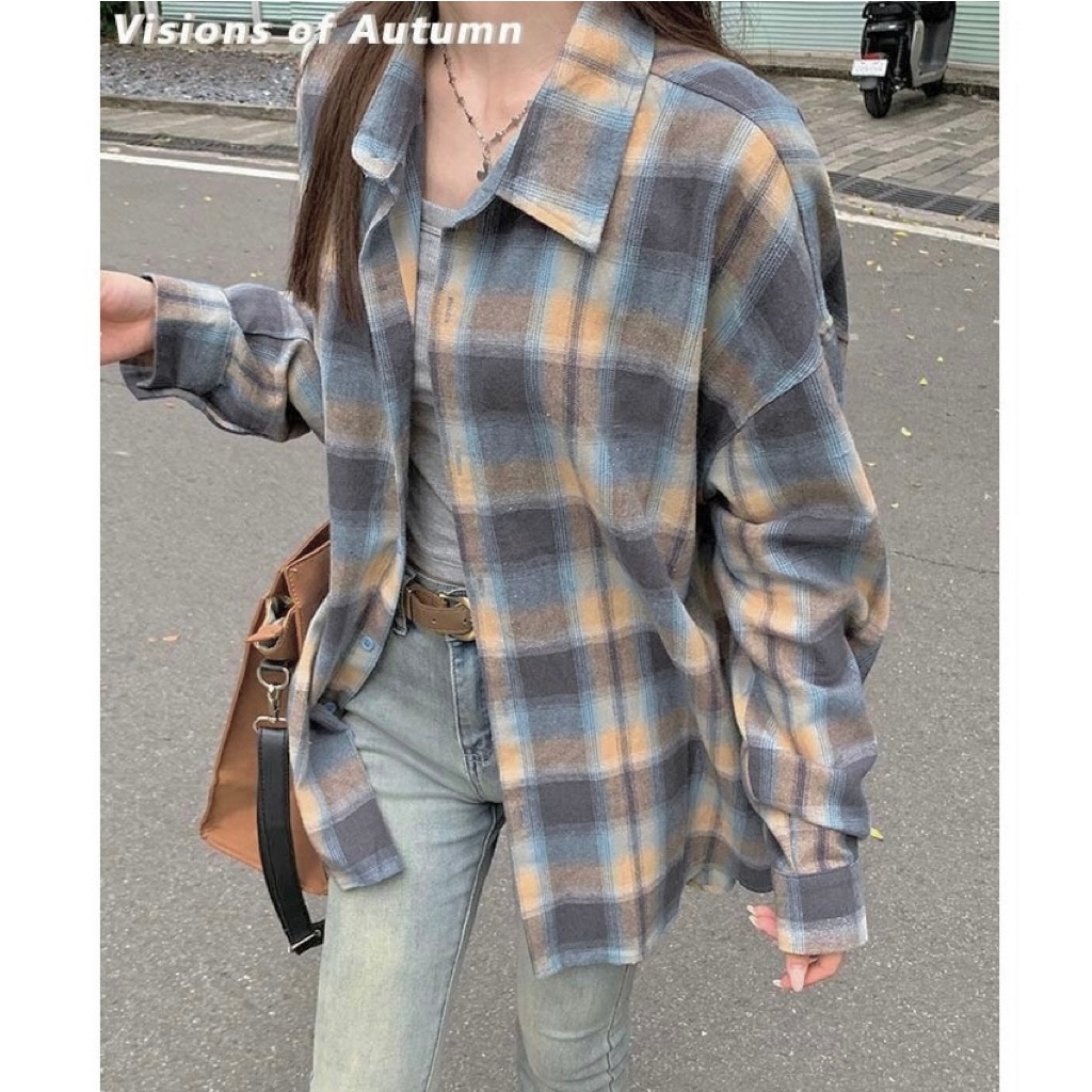 Kemeja Blouse Kotak-Kotak Wanita Lengan Panjang Biru Retro Longgar Korean Style