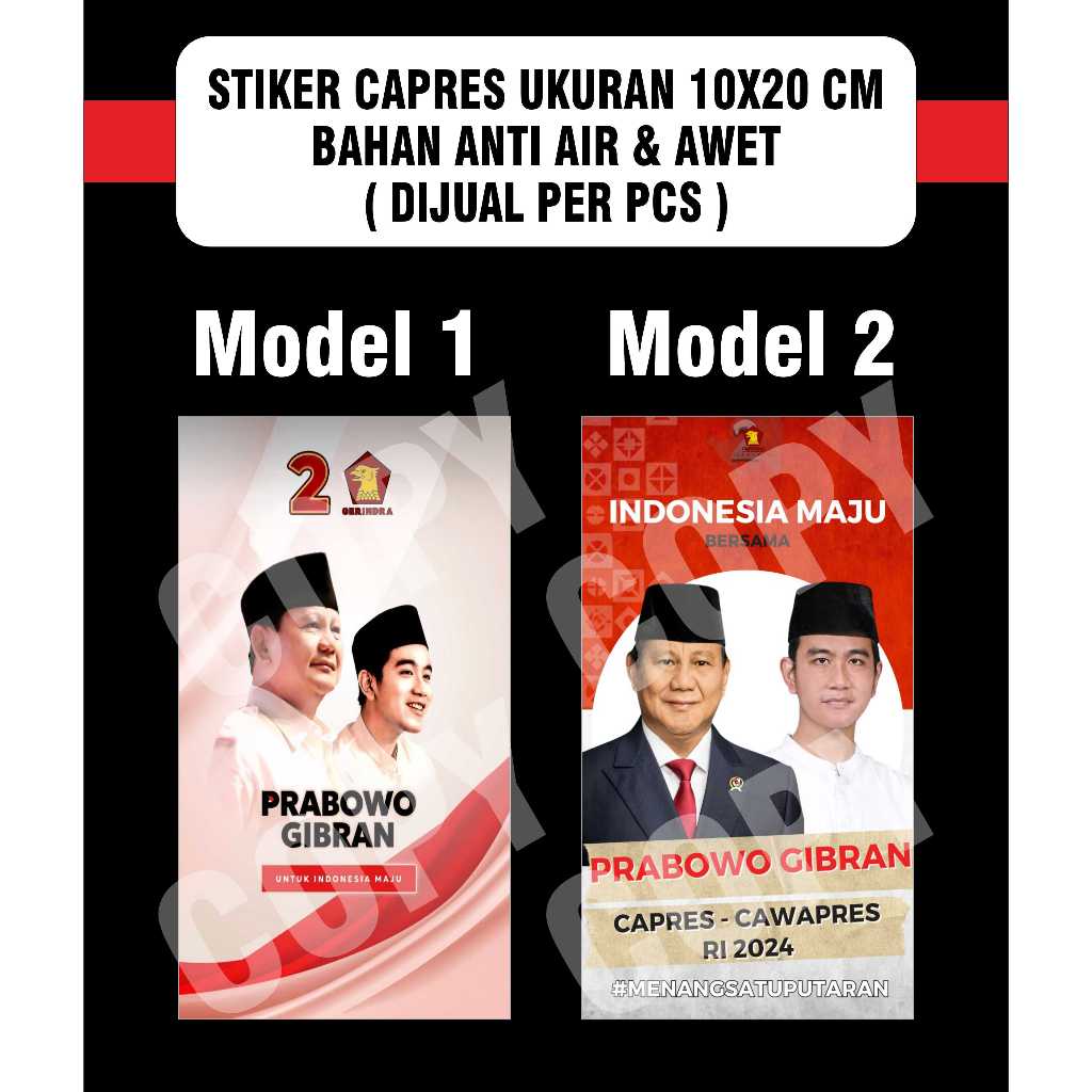 

STIKER CAPRES PRABOWO GIBRAN UKURAN 11X20 CM
